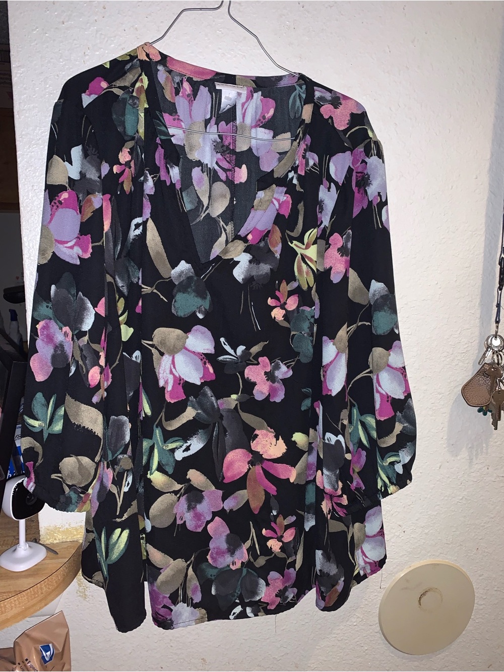 Ava & Viv Black Floral V-Neck Blouse with Pink and Green Accents